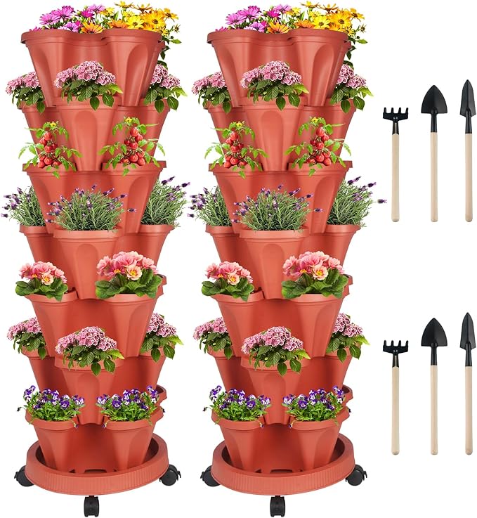 DUNCHATY Stackable Planters 7 Tier Vertical Garden Planting Tower Planters Strawberry, Herb, Flower, and Vegetable Planter Indoor Outdoor Gardening Pots with Removable Wheels and Tools, 2 Set
