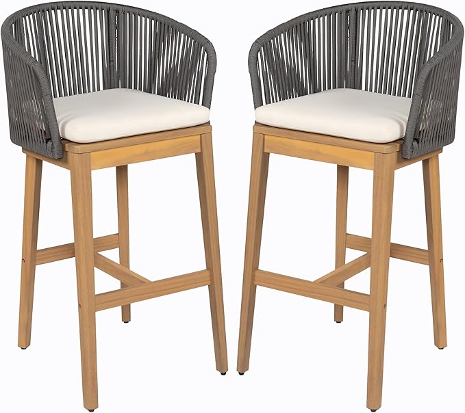 Christopher Knight Home Zax Set of 2 Patio Barstool, Acacia Wood & Rope Outdoor Counter Stool with Backrest/Footrest, Barstool Chairs with Cushion Seating for Backyard Balcony Garden, Beige+Gray+Teak