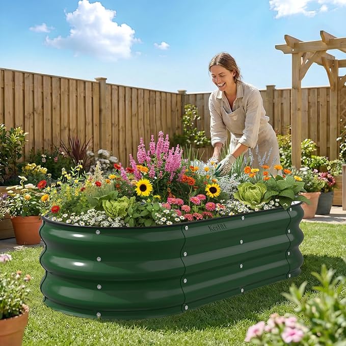 Kesfitt Raised Garden Bed, 4x2x1 FT Galvanized Steel Metal Raised Garden Bed, Oval Open-Bottom Design, 12-Inch Deep for Outdoor Vegetable & Herb Gardening, Forest Green