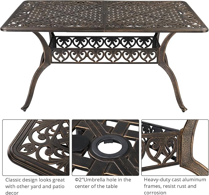 VINGLI 6-Person Outdoor Dining Table, Cast Aluminum Patio Dining Table with Umbrella Hole, Rectangle Patio Table Outdoor Furniture Garden Table (59" Lx35.4W x28.5 H)