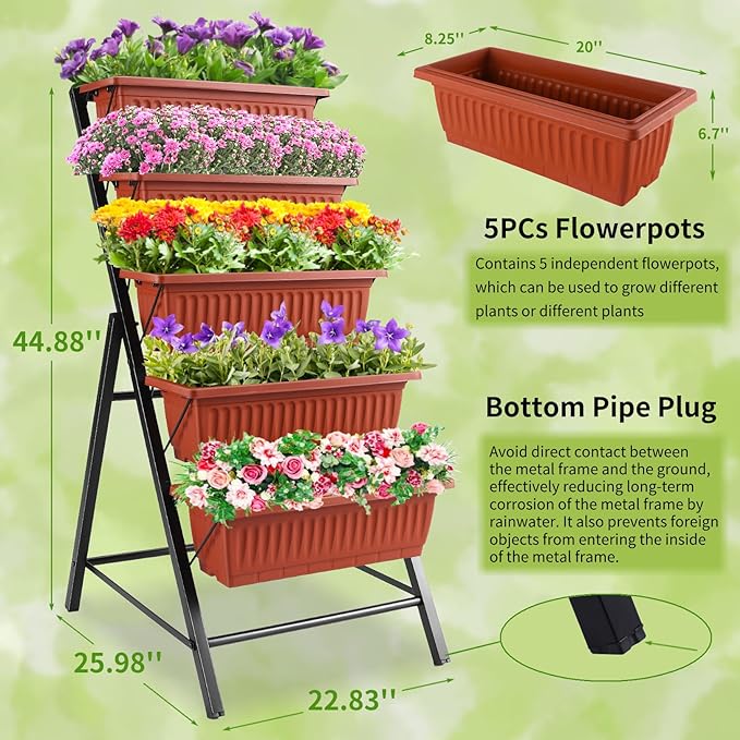 Homdox 3.74FT Vertical Garden Bed, 5 Tiers Raised Garden Planter, 23 * 26 * 45Inch Outdoor Stand with 4 Hooks for Vegetable Flower, Patio Yard, Brown