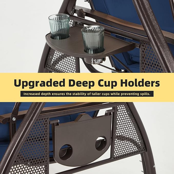HOMREST 3 Seat Outdoor Porch Swing with 1.5" Deepened Cup Holder, Adjustable Canopy, Patio Swing Bed with Stand, Patio Glider Swing with Thicken Cushions, Pillow for Yard, Garden(Blue)