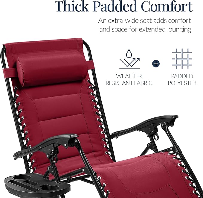 Best Choice Products Oversized Padded Zero Gravity Chair, Folding Outdoor Patio Recliner, XL Anti Gravity Lounger for Backyard w/Headrest, Cup Holder, Side Tray, Polyester Mesh - Burgundy