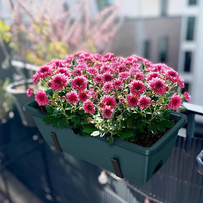 CADUKE 2 Pack Railing Planter Boxes Railing Flower Box with Adjustable Bracket 17 Inch Window Boxes Rectangle Window Deck Hanging Planters Boxes for Outdoor Patio, Green