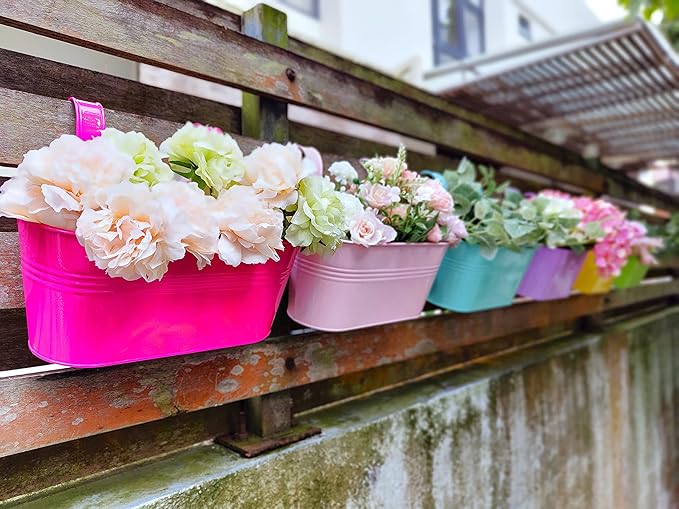 LaLaGreen Rail Planter Outdoor Plants (11.2 Inch, 6 Pack) Colorful Metal Iron Strawberry Hanging Flower Pots Deck Railing, Fence Wall Mount Bucket Modern Window Box Hooks Porch Garden Outside Decor