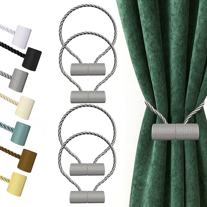 Hion Magnetic Curtain Tiebacks Grey 4 Pack, Curtain Tiebacks Buckles Holdbacks Holders Hooks Clip for Home Bedroom Office Decorative Thick or Thin Curtain