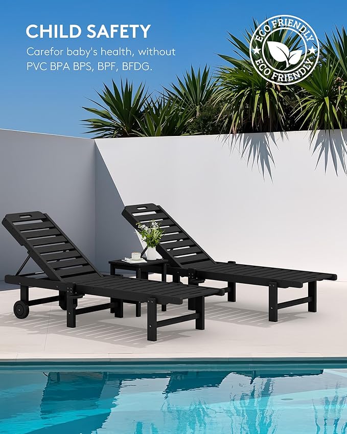 SERWALL Outdoor Chaise Lounge Set of 8, HDPE Pool Lounge Chairs with 5-Position Adjustable Backrest, Patio Loungers with Rolling Wheels & Cup Holder for Pool Sunbathing, Black