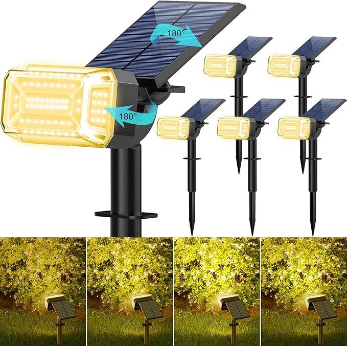 Solar Spot Lights Outdoor Waterproof IP65, 102 LEDs Solar Spotlights with Adjustable Light & Panel, [4 Modes/6 Pack] Landscape Flood Powered Lights for Outside Yard Garden Pathway(Warm White)