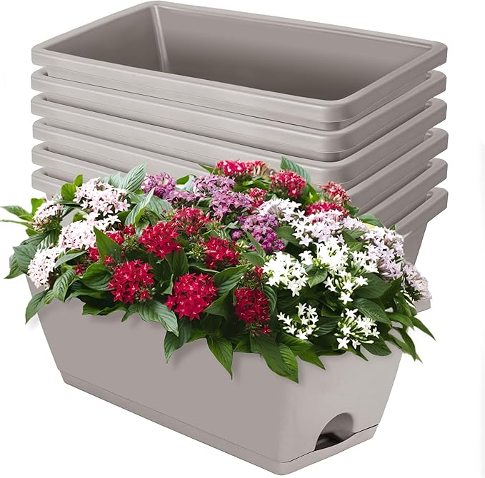 Window Box Planter, 7 Pack Plastic Vegetable Flower Planters Boxes 17 Inches Rectangular Flower Pots with Saucers for Indoor Outdoor Garden, Patio, Home Decor
