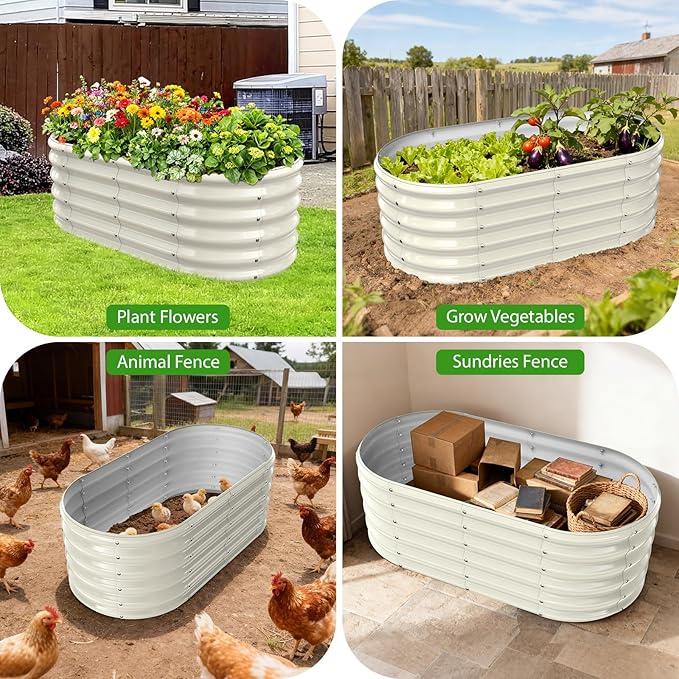 17" Tall Outdoor Garden Raised Garden Bed Kits, 4ft X 2ft Oval,0.8MM Thick Metal Raised Planter Bed/Ground Planter Box for Variety of Flowers,Herbs,Vegetables (Cream White, 48X24X16.5 Inches)