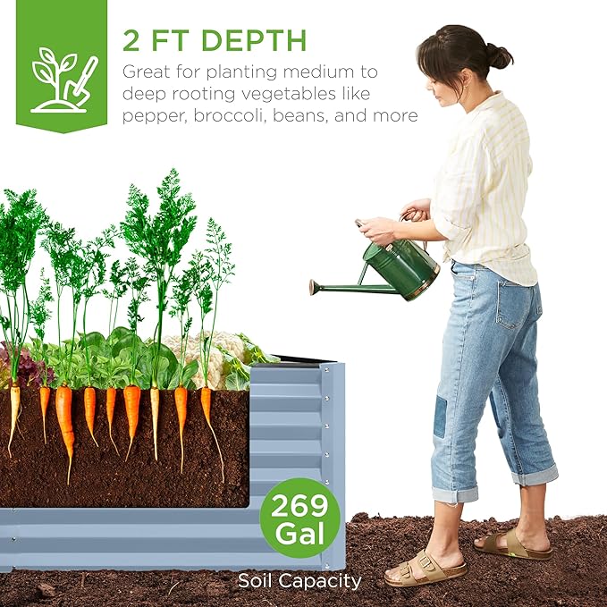 Best Choice Products 6x3x2ft Outdoor Metal Raised Garden Bed, Deep Root Box Planter for Vegetables, Flowers, Herbs, 269 Gallon Capacity, 100% Non Toxic Materials - Mist Blue
