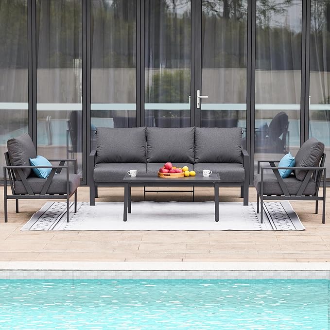 Outdoor Patio Furniture Set, 4 Pieces Metal Patio Furniture Set with Coffee Table, Modern Outdoor Patio Conversation Seating Set, Grey