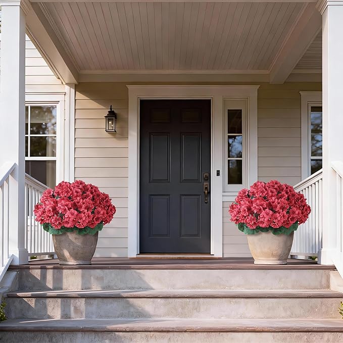 2 Pack Artificial Geranium Flowers Topitary Trees for Outdoors, UV Resistant Geraniums Potted Bushes Look Real Silk Faux Plants for Front Door Garden Porch Planter Farmhouse Home Decor (Red)