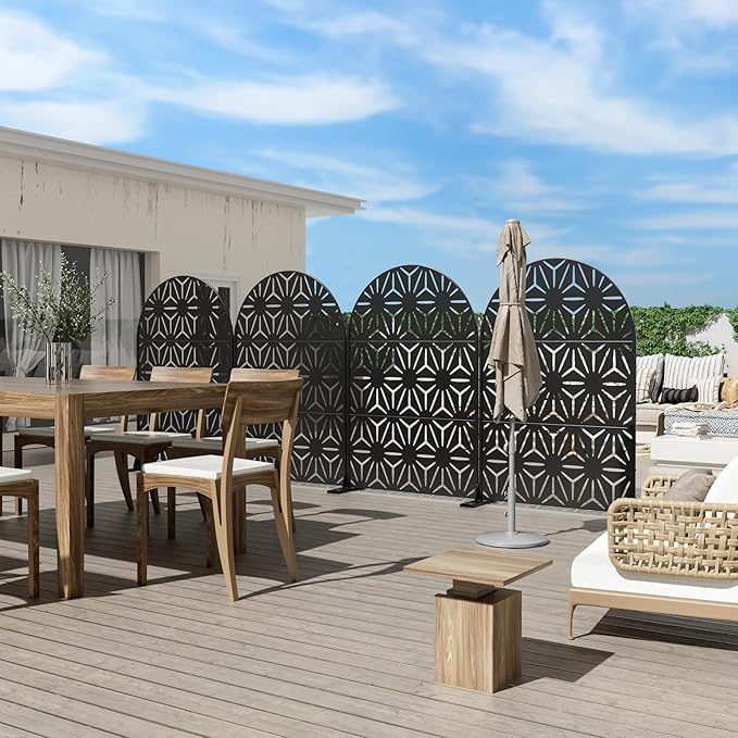 Casaphoria 72" H x 47" W Arched Metal Privacy Screen - Elegant Freestanding Outdoor Screen for Deck, Patio & Balcony - Versatile Decorative Privacy Panels for Home & Garden Use (Black-Star)