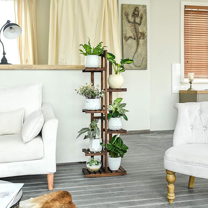 Mkono Wood Plant Stand 6 Tier 7 Potted Plant Shelf Indoor Outdoor Tall Multi-tiered Flower Pot Holder Modern Ladder Storage Rack Display Planter for Patio Garden Corner Balcony Living Room, Brown