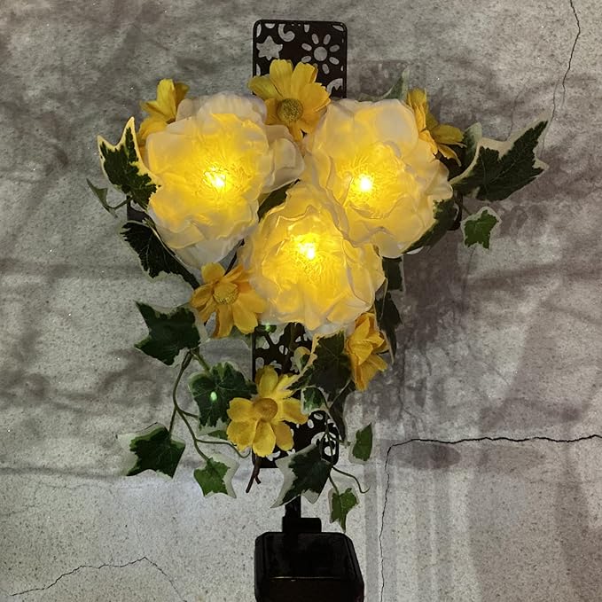 Starryfill Solar Memorial Cross Lights with 3 Flowers, LED Grave Maker, Waterproof Cemetery, 40.5 Inch High Remembrance Sympathy Gifts for Loved Ones