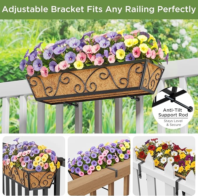 Y&M 24 Inch Window Deck with Coco Liner, Fence Metal Hanging Flower Planter Window Basket Deck Railing Planter Boxes for Outdoor Garden Lawn-Butterfly,2pcs