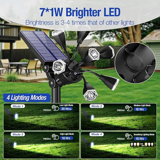 Solar Spot Lights Outdoor 1000LM, IP68 Waterproof Solar Lights Outdoor with 7x360° Adjustable Metal Hose, 4 Lighting Modes Spotlights for Garden Pathway Yard Landscape, 4 Pack (Cool White)
