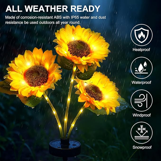 Upgraded Solar Sunflower Lights, 2 Pack Solar Garden Lights with Bigger Round Panel, 40-Hour Runtime for Indoor & Outdoor Decor, Waterproof for Patio Yard Garden