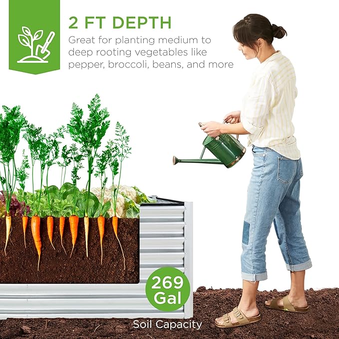 Best Choice Products 6x3x2ft Outdoor Metal Raised Garden Bed, Deep Root Box Planter for Vegetables, Flowers, Herbs, 269 Gallon Capacity, 100% Non Toxic Materials - Galvanized