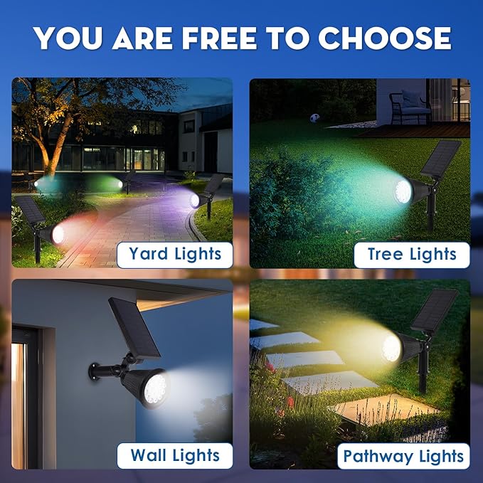 Solar Spot Lights Outdoor, 2-in-1 Wall Mount & Ground Stake 18 LEDs with 2 Lighting Modes, 7 Colors Changing, IP65 Waterproof Solar Landscape Lights for Garden, Pathway, Yard, Patio (2 Pack)