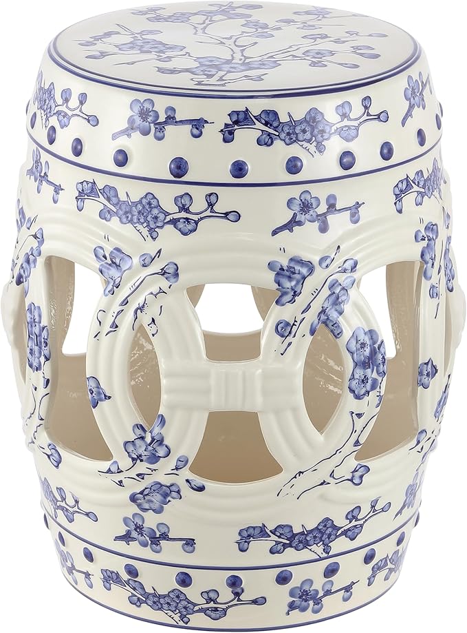 JONATHAN Y TBL1027A Lucky Coins 16" Chinese Ceramic Drum Indoor/Outdoor Garden Stool Bohemian, Coastal, Classic, Cottage, French Country, Patio, Garden Room, Bathroom, Living Room, Blue/White