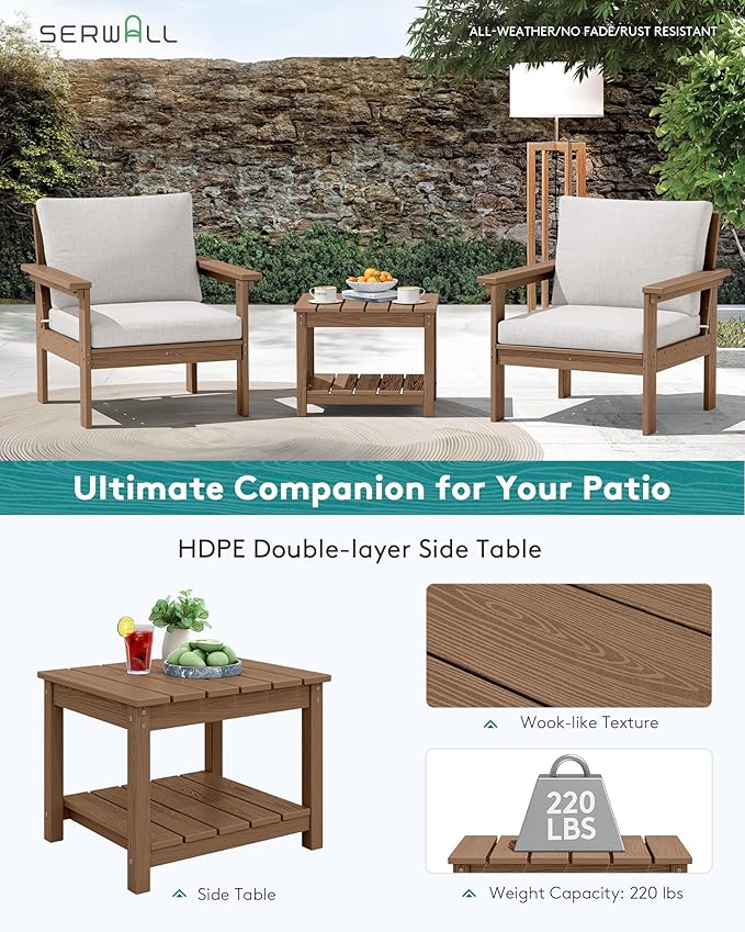 SERWALL HDPE Patio Sofa Set, 3-piece Sectional Outdoor Furniture Set, All Weather Outdoor Couch Set Patio Furniture Set for Deck, Lawn, Brown Frame with Khaki Cushion