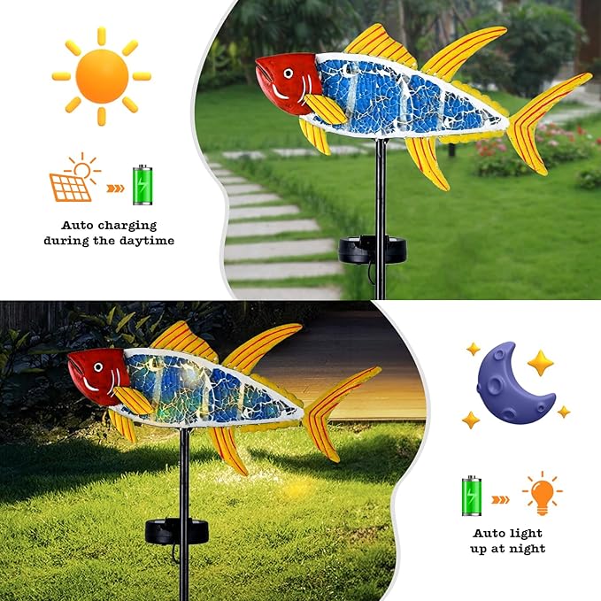 Yiosax-Solar Outdoor Lights Decorative-Yard Outdoor Decorative - Garden Stakes Fish Decorative Waterproof 7 LED Light Decor Ocean Beach Theme for Lawn Path Yard Decoration Gift Idea