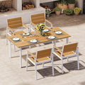 Outdoor Dining Set for 4, Aluminum Patio Table and Chairs Set with Umbrella Hole, 5 Piece HDPS Outdoor Furniture Set for Patio, Garden (White & Teak)