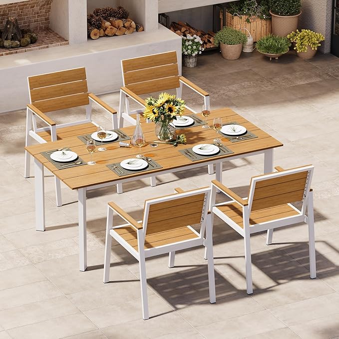 Outdoor Dining Set for 4, Aluminum Patio Table and Chairs Set with Umbrella Hole, 5 Piece HDPS Outdoor Furniture Set for Patio, Garden (White & Teak)
