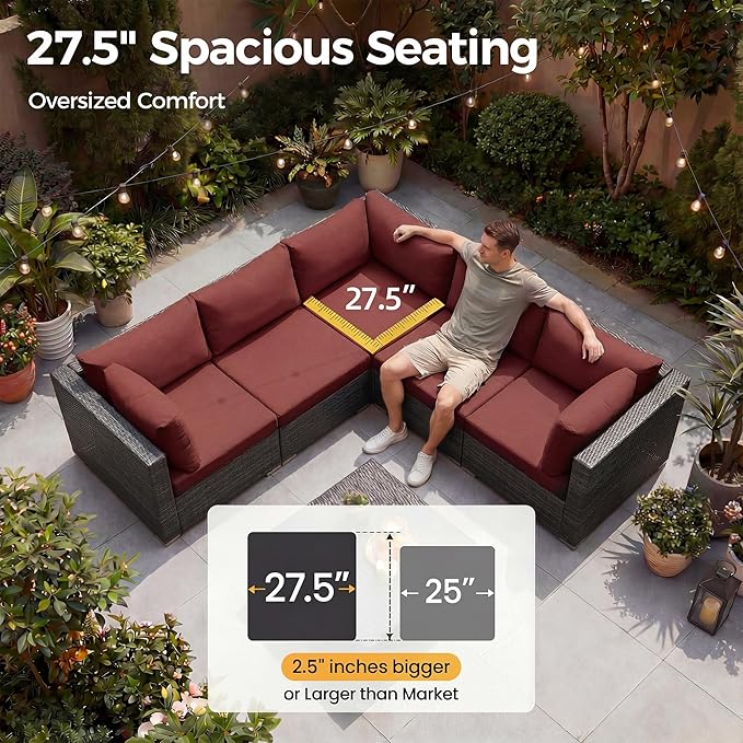 NICESOUL 11 Piece Outdoor Furniture with Fire Pit Propane/Gas, 29.3'' High Back Patio Sectional with Fire Pit & Chaise Lounge, 500 lbs Heavy Duty Large Deep Couches, 2 Color Cushion Burgundy & Gray