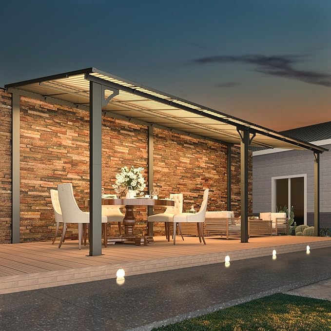 AECOJOY 20' x 8' Outdoor Gazebo for Patio, 8x20 Large Wall-Mounted Hard Top Lean to Metal Gazebo Shelter Pergolas and Gazebos Clearance with Patio Roof, Heavy Duty Awnings for Patio, Decks