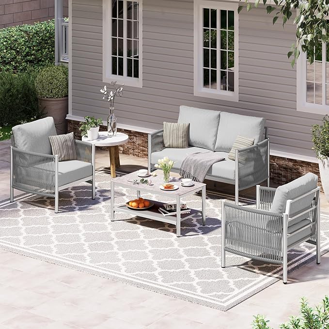 Aluminum Outdoor Patio Furniture Set with Dual-Layer Coffee Table, 4 Piece Modern Patio Conversation Sets with PE Rope, Outdoor Sectional Sofa with Thick Cushions for Balcony, Deck, Silver