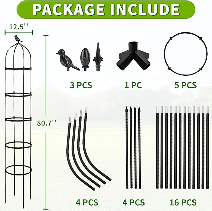 6.7FT Garden Obelisk Trellis for Climbing Plants,Adjustable 5-Tier Metal Plant Support,Rustproof Outdoor Plant Tower with 3 Decorative Tops for Roses,Tomatoes,Clematis & Vines,Black