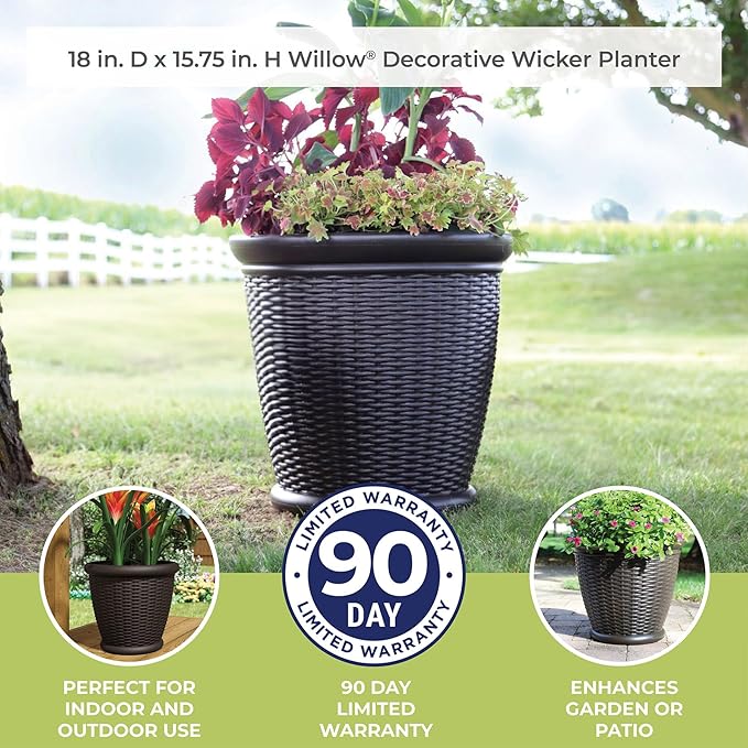 Suncast 18" Resin Indoor/Outdoor Wicker Planter, Brown, Made in the USA