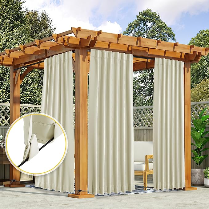 NICETOWN 2 Panels Outdoor Curtains Waterproof Pocket & Back Tab on Top & Bottom, Thermal Insulated Windproof Sun Blocking Outside Privacy Drapes for Patio with Fixed Rope, W52 x L95, Beige