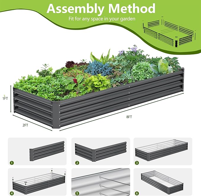 2PCS 8x2x1FT Galvanized Raised Garden Bed, Galvanized Planter Raised Garden Boxes Outdoor, Large Metal Raised Garden Beds for Vegetables-Grey