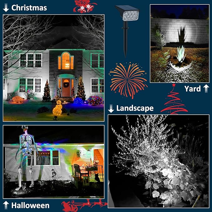 T-SUNUS Christmas Solar Spotlights White 6000K IP65 Waterproof 2-in-1 Outdoor Landscape Spot Lights Garden Light for Flag Tree Yard Driveway Porch Walkway Patio Statue Graveyard Halloween 1 Pack
