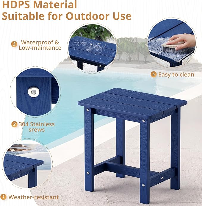 LUE BONA Outdoor Side Table Set of 2, HDPS Small Outdoor Table, Adirondack Side Table, Outside End Table for Patio, Porch, Deck, Pool, Weather Resistant/Easy Maintenance/Indoor or Outside Use, Navy