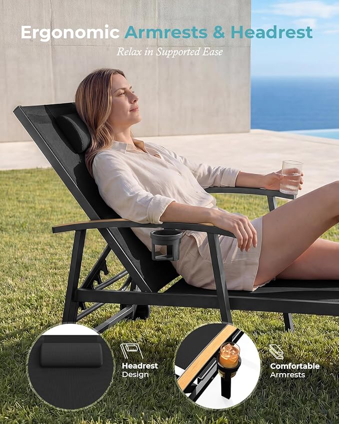 Ciokea Outdoor Lounge Chair with Pillow Set of 4, 5-Position Chaise Lounge with Wheels & Armrests, 400 lbs Heavy Duty Aluminum Pool Lounge Chairs, for Beach, Deck, Poolside & Backyard, Black