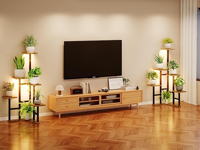 Corner Plant Stand Indoor with Grow Lights, 6 Tiered Corner Plant Shelf Flower Stand for Multiple Plants, Plant Shelves Organizer Rack for Living Room, Balcony, Patio, Square Rustic Brown