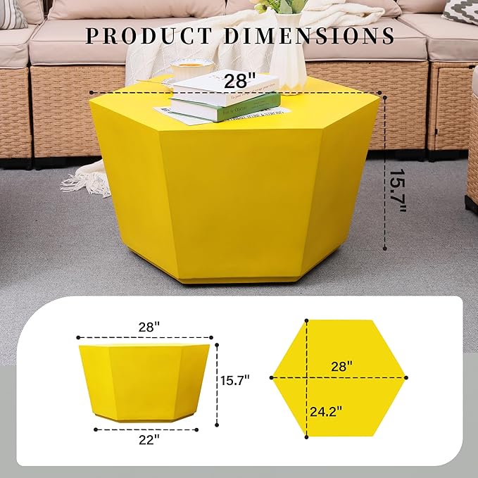 UPHA Outdoor Hexagon Coffee Table, Small Modern Minimalist Accent Tables, Low Light Concrete Center Table for Living Room, Outside Patio, Deck, 28×24.2×15.4, Lemon Yellow