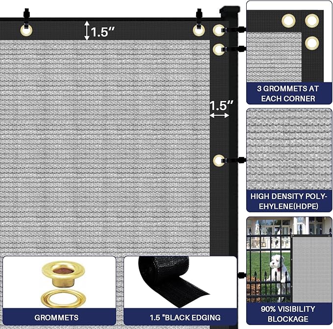 Windscreen4less Privacy Fence Screen Heavy Duty Windscreen Fencing Mesh Fabric Shade Net Cover with Brass Grommtes for Outdoor Wall Garden Yard Pool Deck, 6'x244' Light Gray