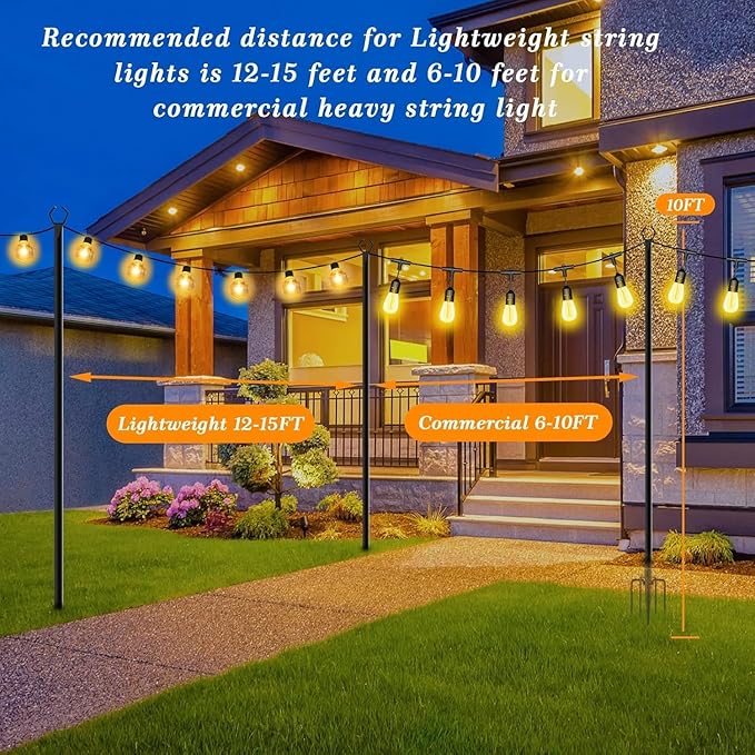 10 Pack String Light Poles,10 Ft Light Poles for Outside String Lights,Outdoor Lights Pole with Fork,Metal Poles Stand for Patio Deck Backyard (10FT 4 Pack)