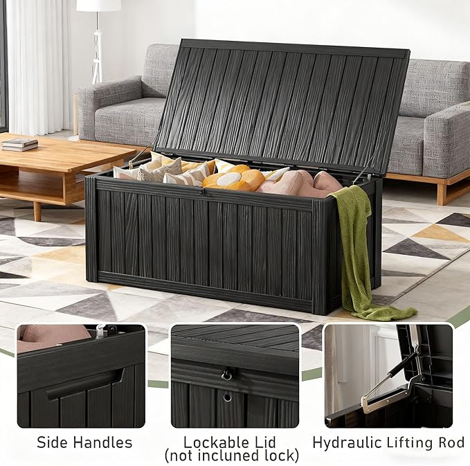 Outdoor Storage Box, Resin Deck Boxes Indoor and outdoor, Waterproof Storage Box Lockable Lid (Black,150 Gallon)
