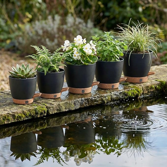 montresor 5-Pack Self-Watering Plastic Plant Pots 5/5.5/6/6.5/7 Inch– Black Indoor Flower Pots with Wick & Water Tray for Herbs, Succulents, Seedlings, Small Plants