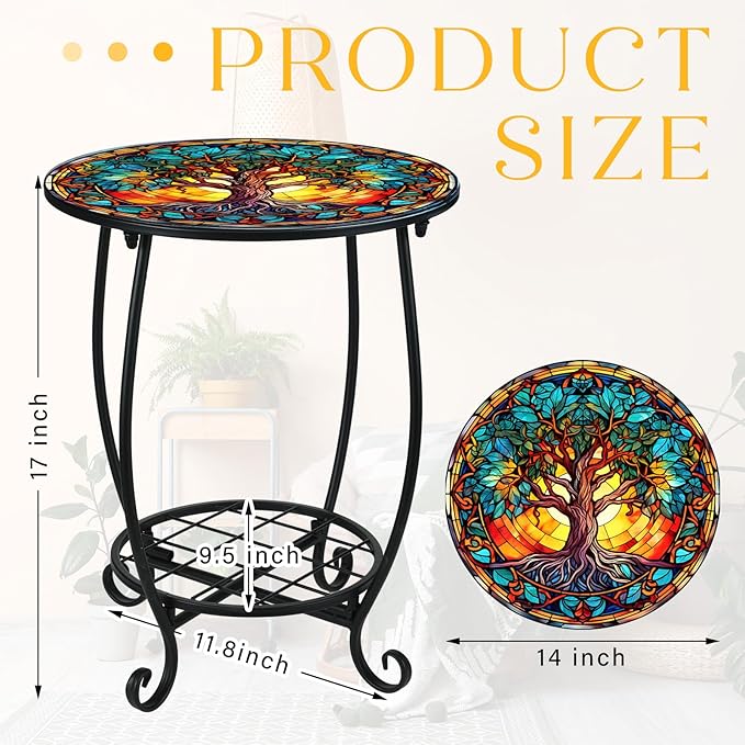 Outdoor Side Table Round Small Mosaic Patio Accent Indoor End Plant Coffee Tea Table for Yard Patio Porch Garden Living Room, Bedroom(Tree Style,14 Inch)
