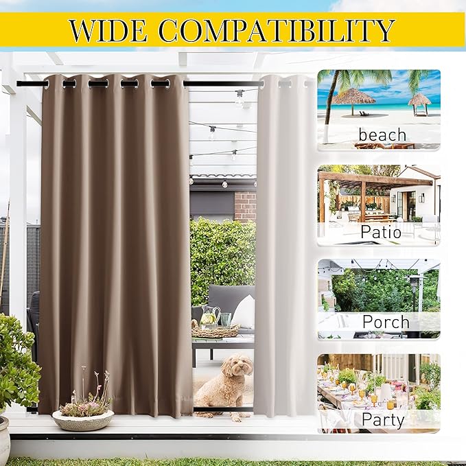 NICETOWN 2 Panels Outdoor Curtains for Patio Waterproof & Windproof, Thermal Insulated Top & Bottom Grommet & Back Tab Light Block Outdoor Drapes with Bouns Rope for Fixed, Tan, W66 x L90