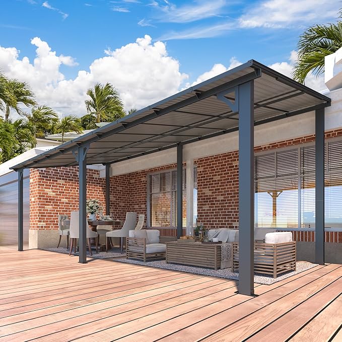 AECOJOY 20' x 8' Outdoor Gazebo for Patio, 8x20 Large Wall-Mounted Hard Top Lean to Metal Gazebo Shelter Pergolas and Gazebos Clearance with Patio Roof, Heavy Duty Awnings for Patio, Decks
