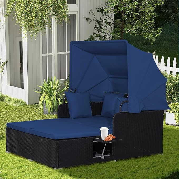COSTWAY Outdoor Daybed with Retractable Canopy, Wicker Patio Furniture Set with Cushioned Pillows, Patio Rattan Daybed for Deck, Backyard, Poolside (Navy)